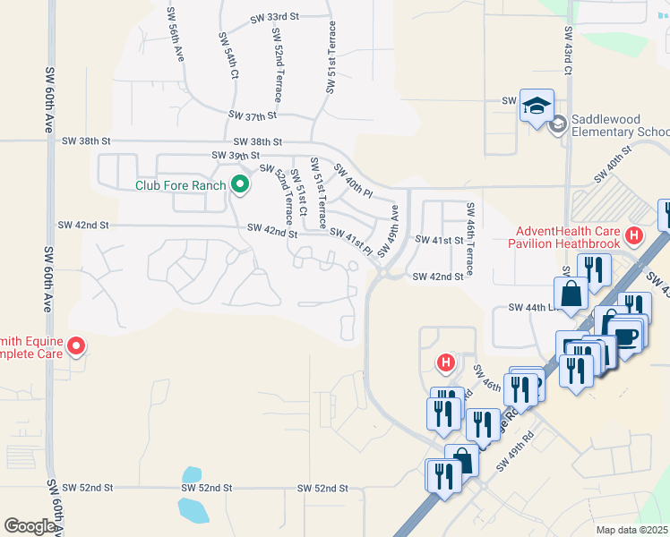map of restaurants, bars, coffee shops, grocery stores, and more near 4163 Southwest 43rd Circle in Ocala