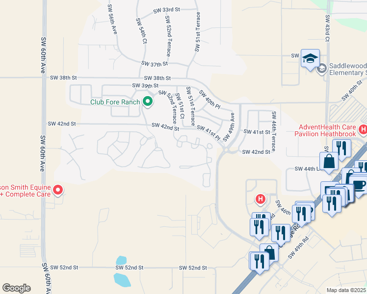 map of restaurants, bars, coffee shops, grocery stores, and more near 4217 Southwest 55th Circle in Ocala