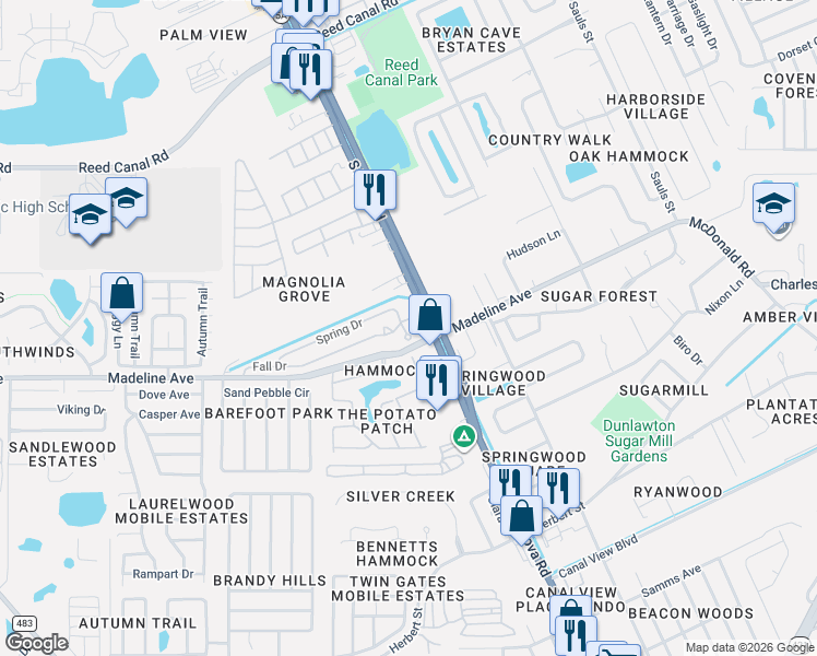 map of restaurants, bars, coffee shops, grocery stores, and more near 3480 South Nova Road in Port Orange