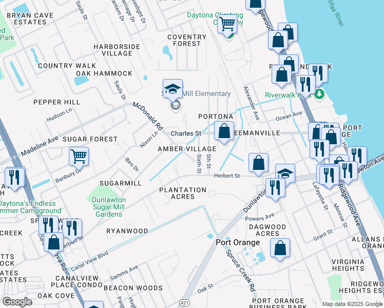 map of restaurants, bars, coffee shops, grocery stores, and more near 821 McDonald Road in Port Orange