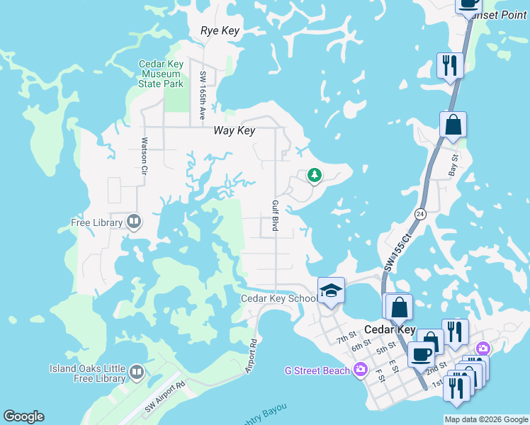 map of restaurants, bars, coffee shops, grocery stores, and more near 1310 Ingleside Place in Cedar Key