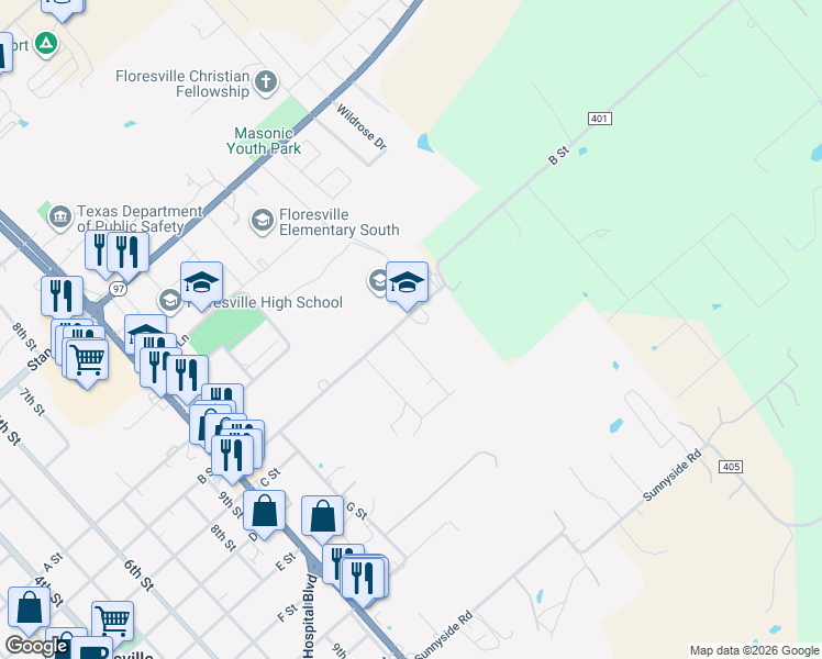 map of restaurants, bars, coffee shops, grocery stores, and more near 2604 B Street in Floresville