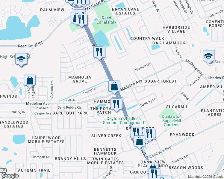 map of restaurants, bars, coffee shops, grocery stores, and more near 3480 South Nova Road in Port Orange