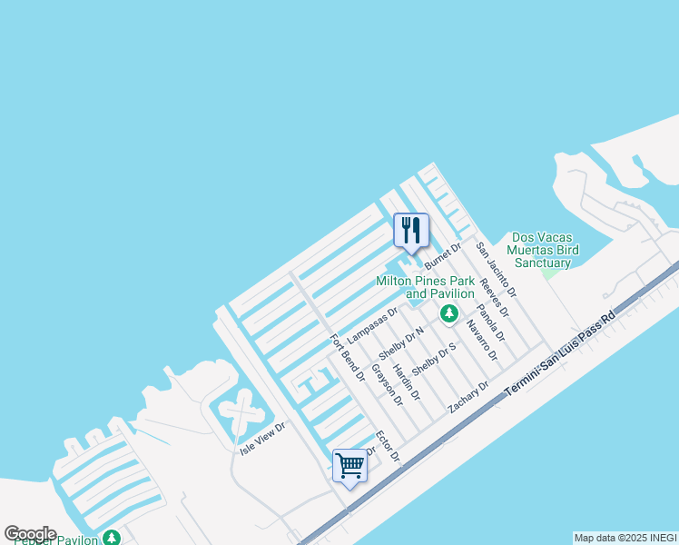map of restaurants, bars, coffee shops, grocery stores, and more near 21827 Deaf Smith Drive in Galveston