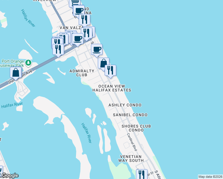 map of restaurants, bars, coffee shops, grocery stores, and more near 3717 South Atlantic Avenue in Daytona Beach Shores