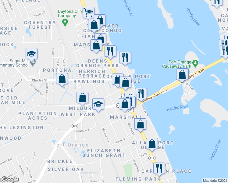 map of restaurants, bars, coffee shops, grocery stores, and more near 213 Herbert Street in Port Orange