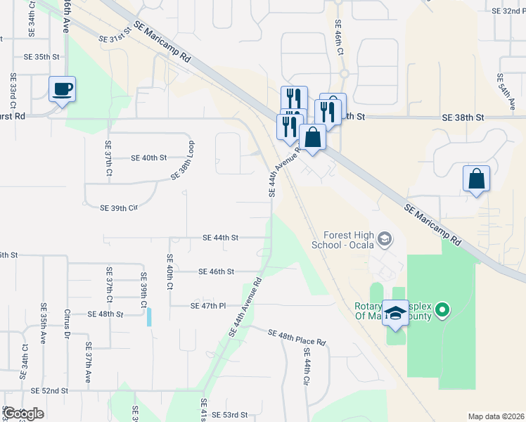 map of restaurants, bars, coffee shops, grocery stores, and more near 4220 Southeast 44th Avenue Road in Ocala