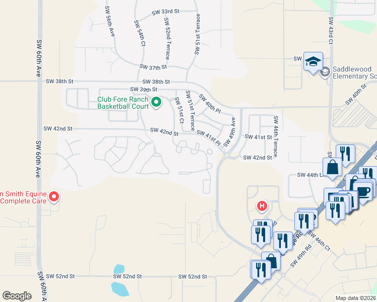 map of restaurants, bars, coffee shops, grocery stores, and more near 4230 Southwest 50th Circle in Ocala