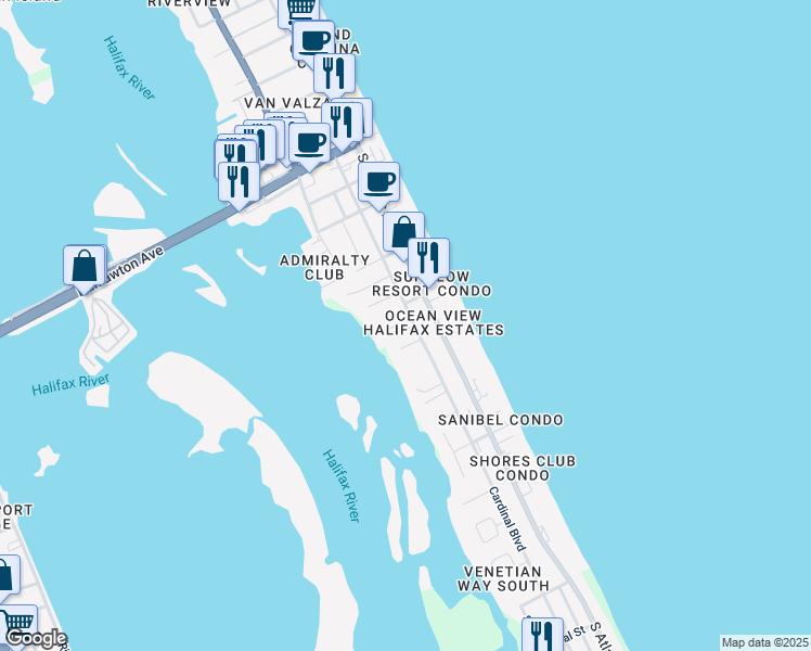 map of restaurants, bars, coffee shops, grocery stores, and more near 3708 Cardinal Boulevard in Daytona Beach