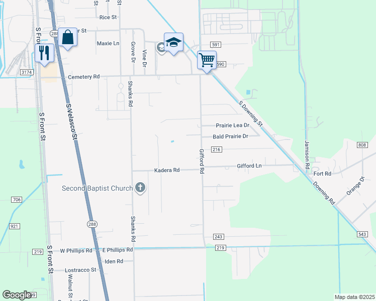 map of restaurants, bars, coffee shops, grocery stores, and more near 1500 Gifford Road in Angleton