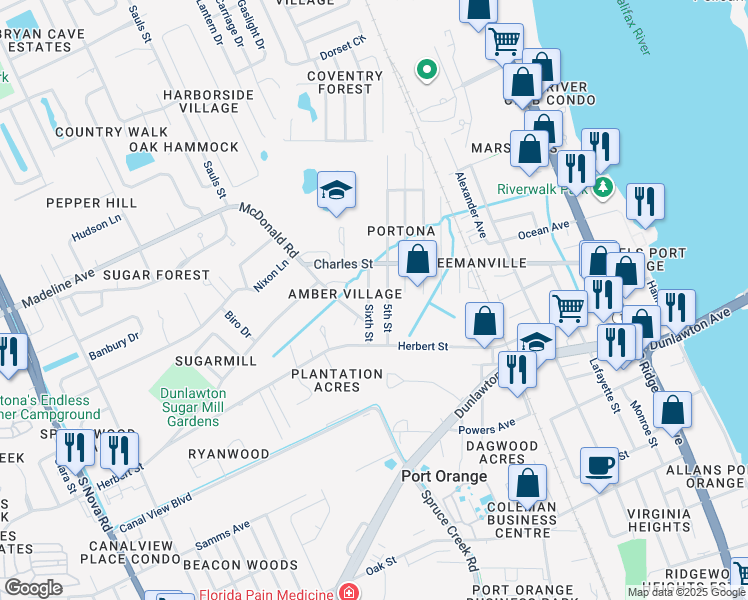 map of restaurants, bars, coffee shops, grocery stores, and more near 738 Sixth Street in Port Orange