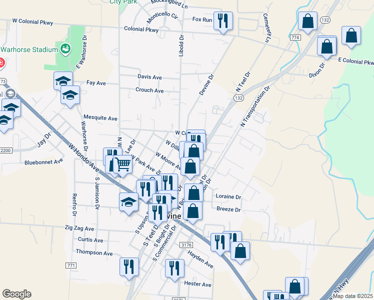 map of restaurants, bars, coffee shops, grocery stores, and more near 511 North Upson Drive in Devine