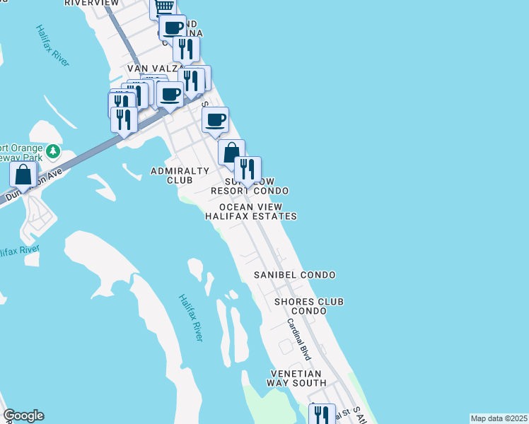 map of restaurants, bars, coffee shops, grocery stores, and more near 3717 South Atlantic Avenue in Daytona Beach Shores