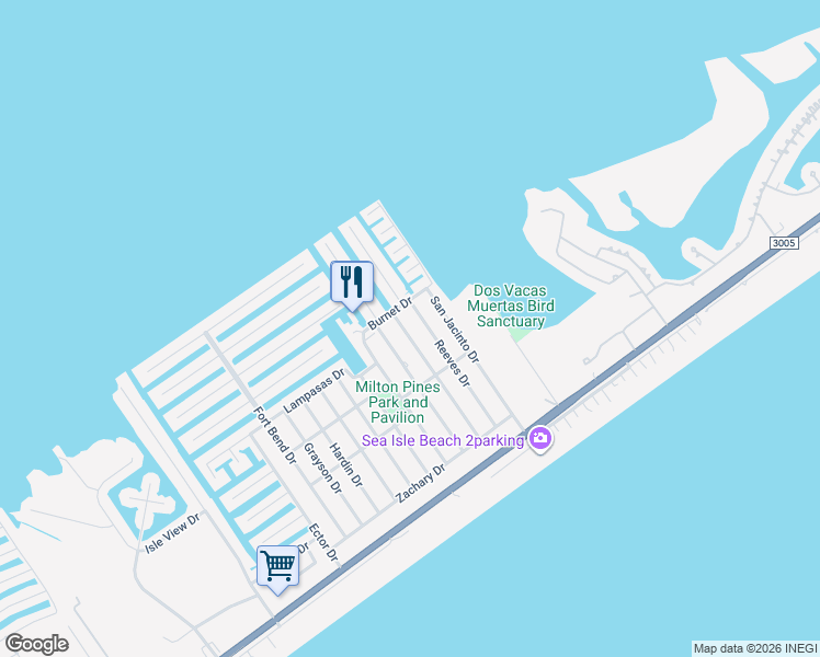 map of restaurants, bars, coffee shops, grocery stores, and more near 4003 Panola Drive in Galveston