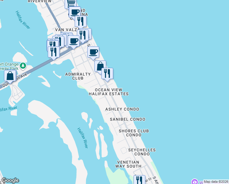 map of restaurants, bars, coffee shops, grocery stores, and more near 3717 South Atlantic Avenue in Daytona Beach Shores