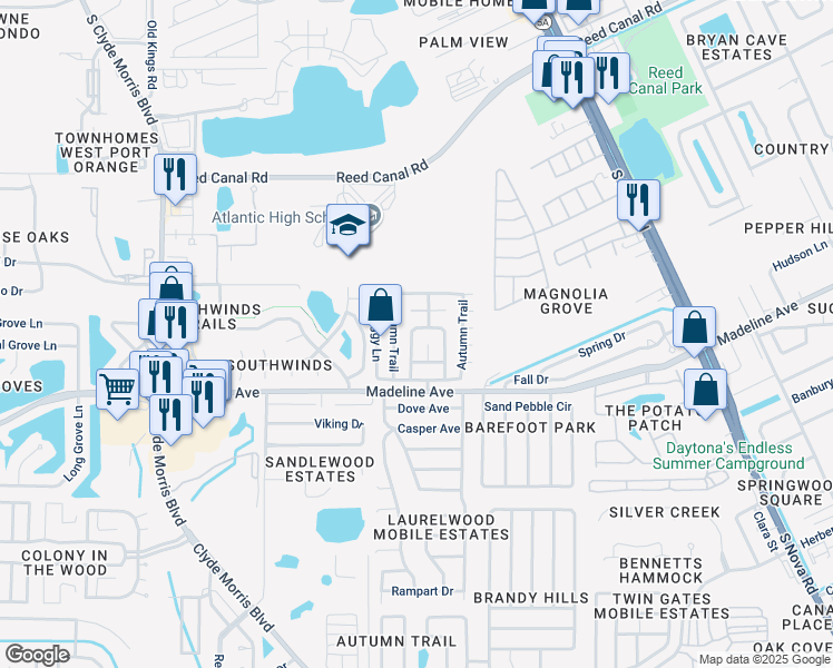 map of restaurants, bars, coffee shops, grocery stores, and more near 437 Blue Sky Drive in Port Orange