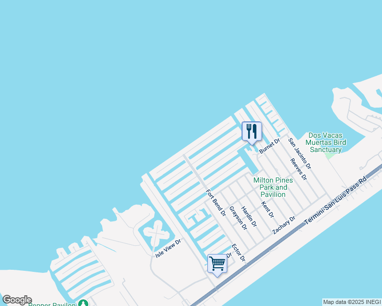 map of restaurants, bars, coffee shops, grocery stores, and more near 21919 Guadalupe Drive in Galveston