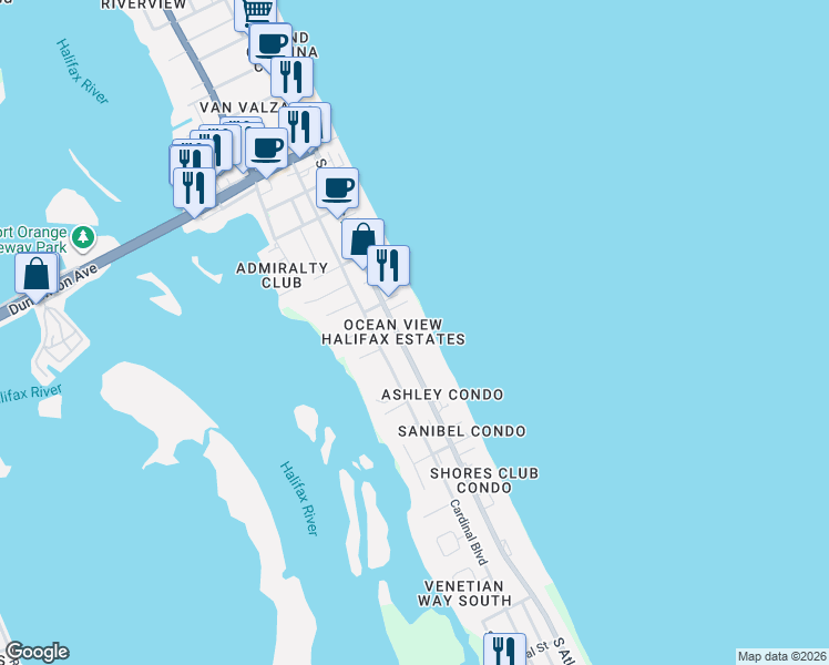 map of restaurants, bars, coffee shops, grocery stores, and more near 3717 South Atlantic Avenue in Daytona Beach Shores