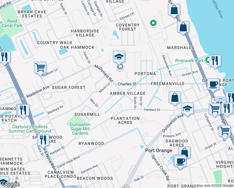 map of restaurants, bars, coffee shops, grocery stores, and more near 723 Old Sugar Mill Road in Port Orange
