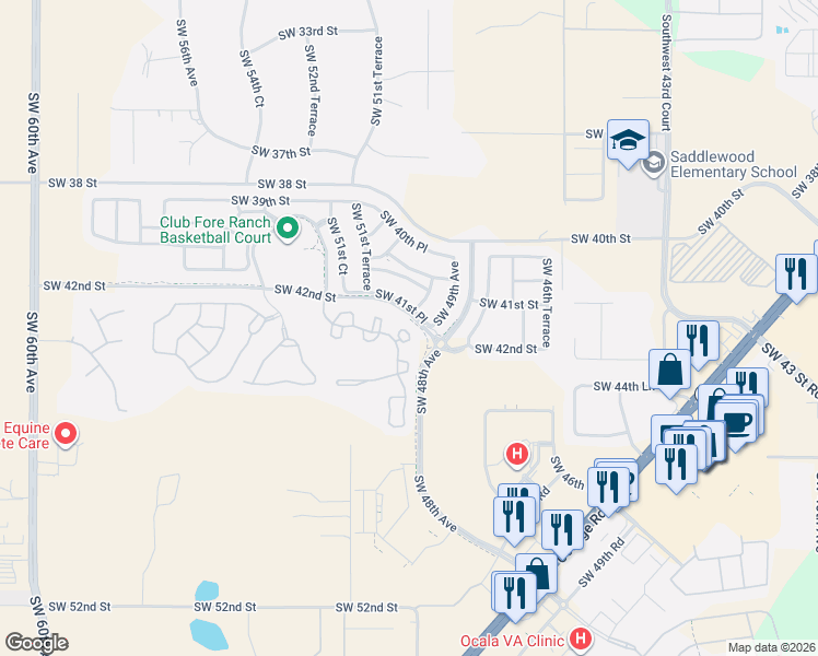 map of restaurants, bars, coffee shops, grocery stores, and more near 4163 Southwest 43rd Circle in Ocala