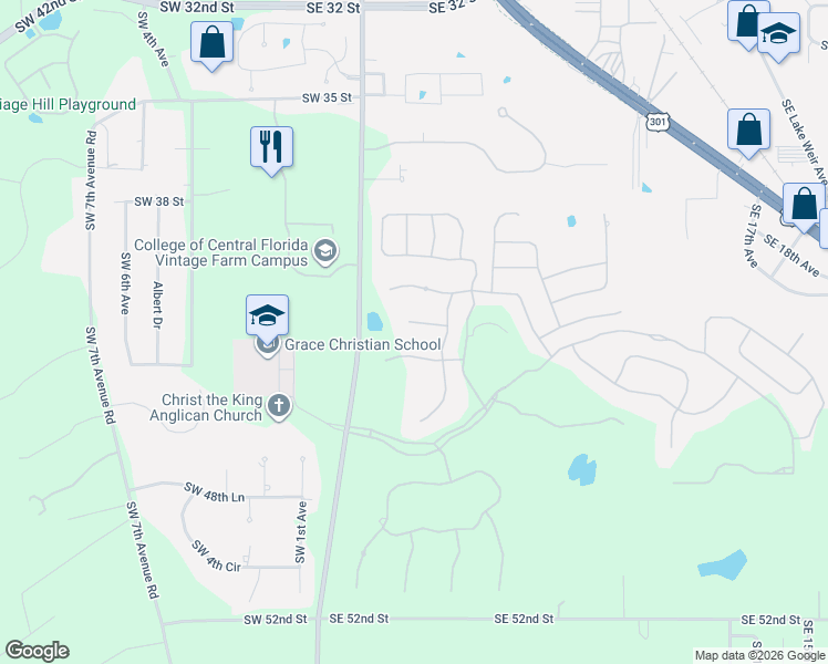 map of restaurants, bars, coffee shops, grocery stores, and more near 524 Southeast 42nd Street in Ocala