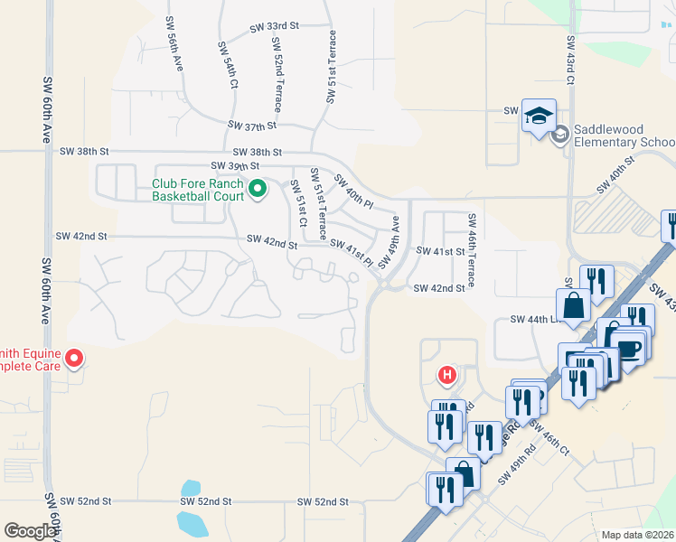 map of restaurants, bars, coffee shops, grocery stores, and more near 4150 Southwest 51st Circle in Ocala