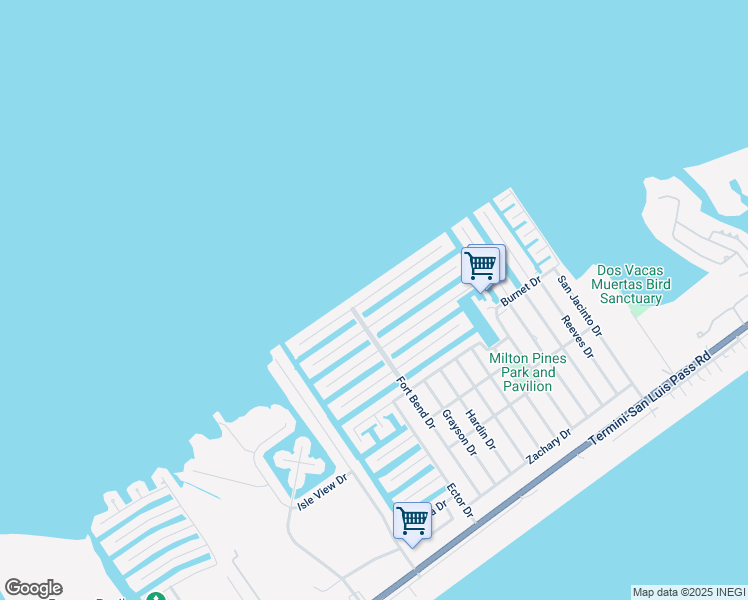map of restaurants, bars, coffee shops, grocery stores, and more near 21919 Guadalupe Drive in Galveston