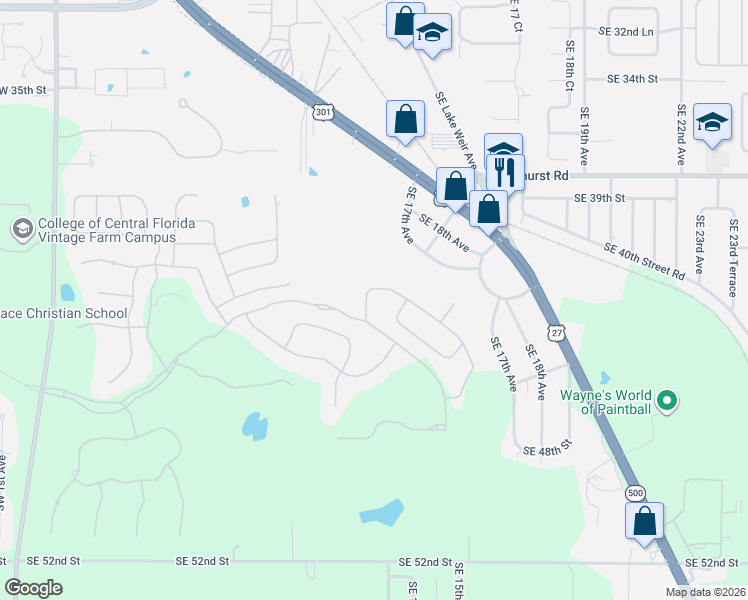 map of restaurants, bars, coffee shops, grocery stores, and more near 4325 Southeast 11th Avenue in Ocala