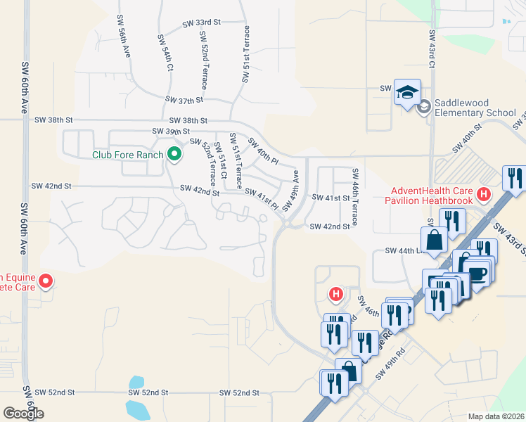 map of restaurants, bars, coffee shops, grocery stores, and more near 4166 Southwest 43rd Circle in Ocala