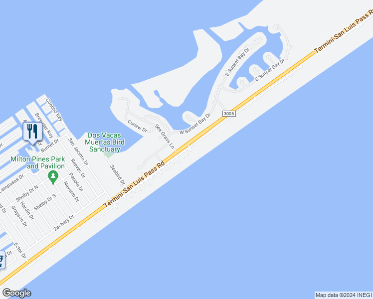 map of restaurants, bars, coffee shops, grocery stores, and more near 14711 Gulf Drive in Galveston