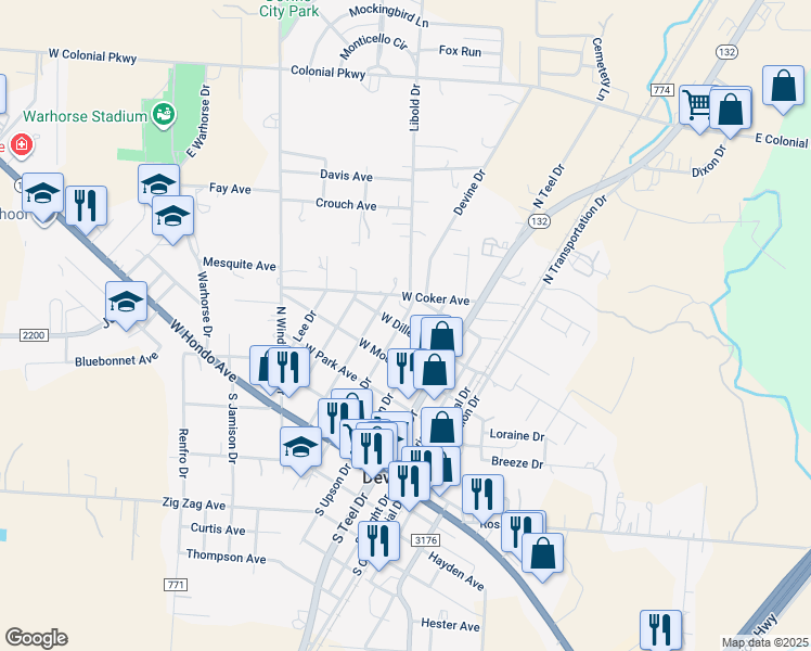 map of restaurants, bars, coffee shops, grocery stores, and more near 511 North Upson Drive in Devine