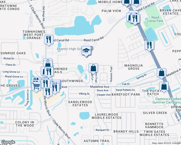 map of restaurants, bars, coffee shops, grocery stores, and more near 1105 Monticello Lane in Port Orange
