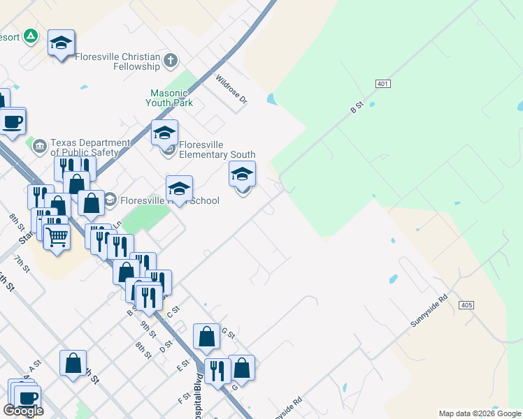 map of restaurants, bars, coffee shops, grocery stores, and more near 2604 B Street in Floresville