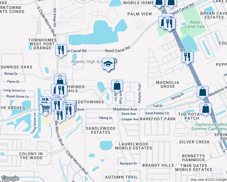 map of restaurants, bars, coffee shops, grocery stores, and more near 1105 Monticello Lane in Port Orange