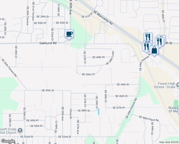 map of restaurants, bars, coffee shops, grocery stores, and more near 4080 Southeast 39th Circle in Ocala