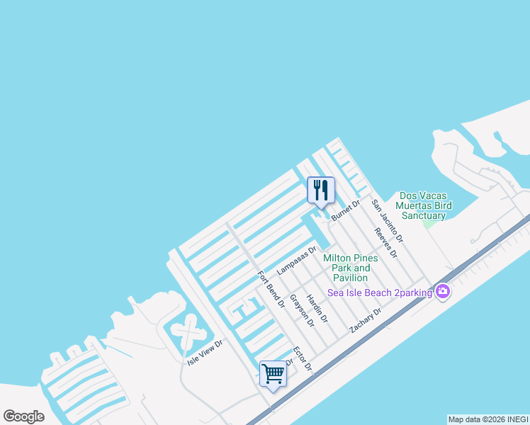 map of restaurants, bars, coffee shops, grocery stores, and more near 21827 Deaf Smith Drive in Galveston