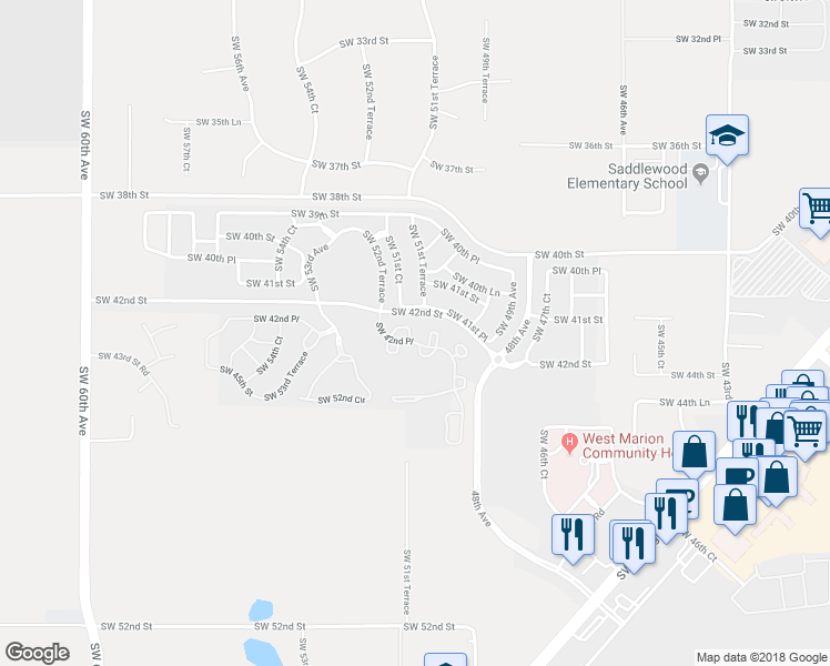 map of restaurants, bars, coffee shops, grocery stores, and more near 4119 Southwest 54th Circle in Ocala