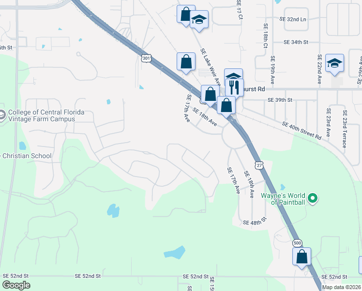 map of restaurants, bars, coffee shops, grocery stores, and more near 4325 Southeast 11th Avenue in Ocala