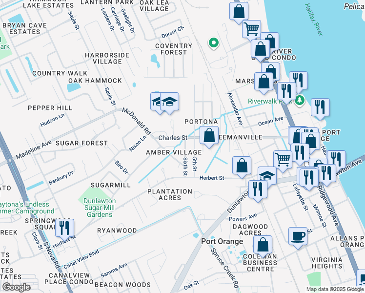 map of restaurants, bars, coffee shops, grocery stores, and more near 738 Sixth Street in Port Orange