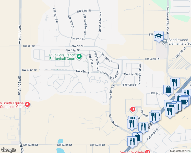 map of restaurants, bars, coffee shops, grocery stores, and more near 4230 Southwest 50th Circle in Ocala