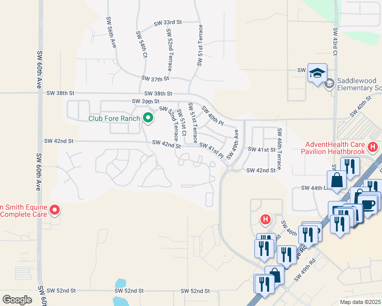 map of restaurants, bars, coffee shops, grocery stores, and more near 4115 Southwest 54th Circle in Ocala
