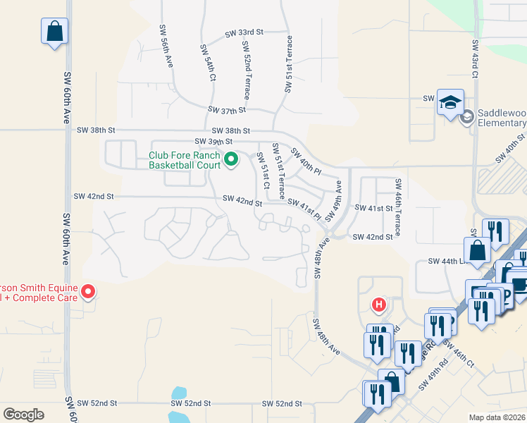 map of restaurants, bars, coffee shops, grocery stores, and more near 4106 Southwest 54th Circle in Ocala