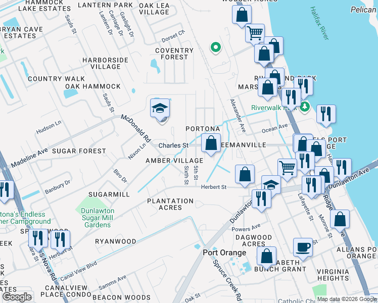 map of restaurants, bars, coffee shops, grocery stores, and more near 1002 Charles Street in Port Orange