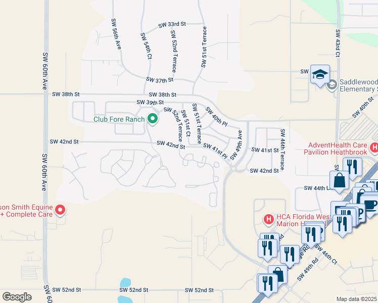 map of restaurants, bars, coffee shops, grocery stores, and more near 4108 Southwest 54th Circle in Ocala