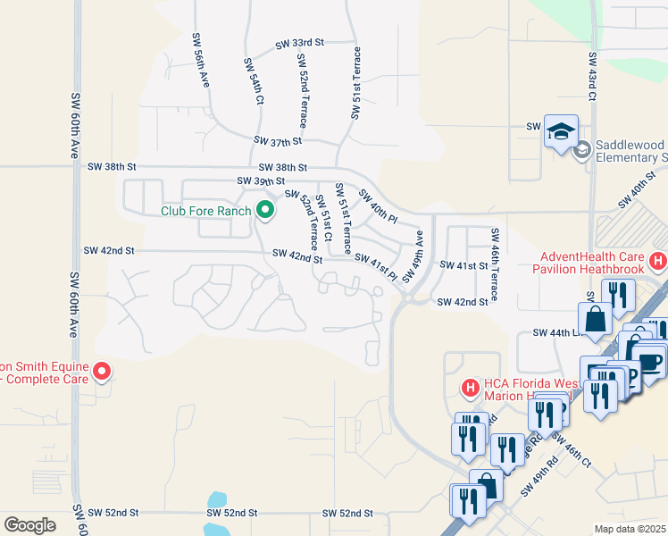 map of restaurants, bars, coffee shops, grocery stores, and more near 4112 Southwest 54th Circle in Ocala
