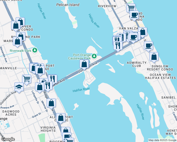 map of restaurants, bars, coffee shops, grocery stores, and more near 88-90 Dunlawton Ave in Port Orange