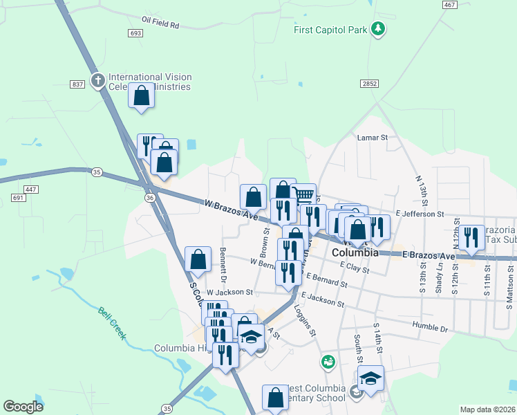 map of restaurants, bars, coffee shops, grocery stores, and more near 144 Ellis Lane in West Columbia