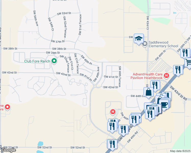map of restaurants, bars, coffee shops, grocery stores, and more near 4114 Southwest 49th Avenue in Ocala