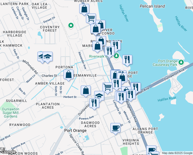map of restaurants, bars, coffee shops, grocery stores, and more near 313 Charles Street in Port Orange