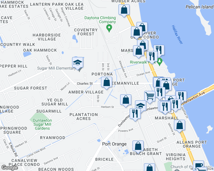 map of restaurants, bars, coffee shops, grocery stores, and more near 855 3rd Street in Port Orange